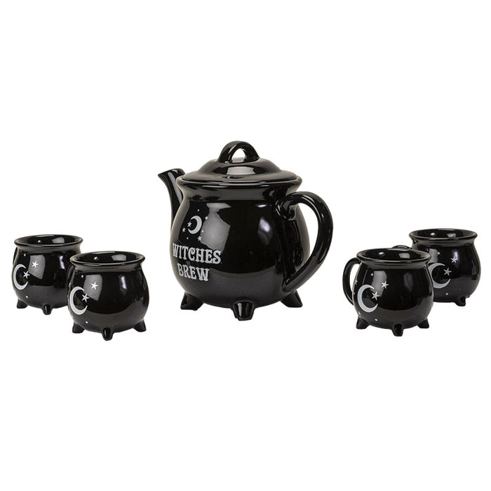 Ebros Gift Wicca Sacred Moon And Stars Witches Brew Black Cauldron Teapot And 4 Cups Set