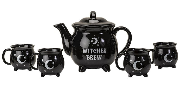 ebros gift Wicca Sacred Moon And Stars Witches Brew Black Cauldron Teapot And 4 Cups Set