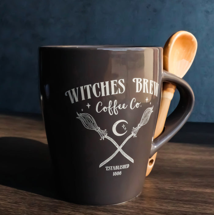 ebros gift Wicca Sacred Moon Crossed Broomsticks Witches Brew Coffee Co Mug And Spoon Set