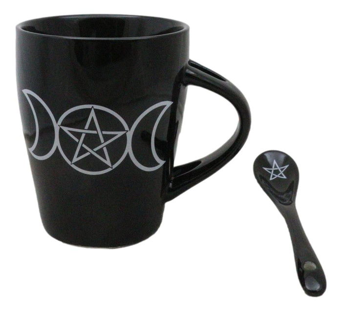 Ebros Gift Wicca Sacred Triple Moon Pentagram Circle Ceramic Mug And Pentacle Spoon Set