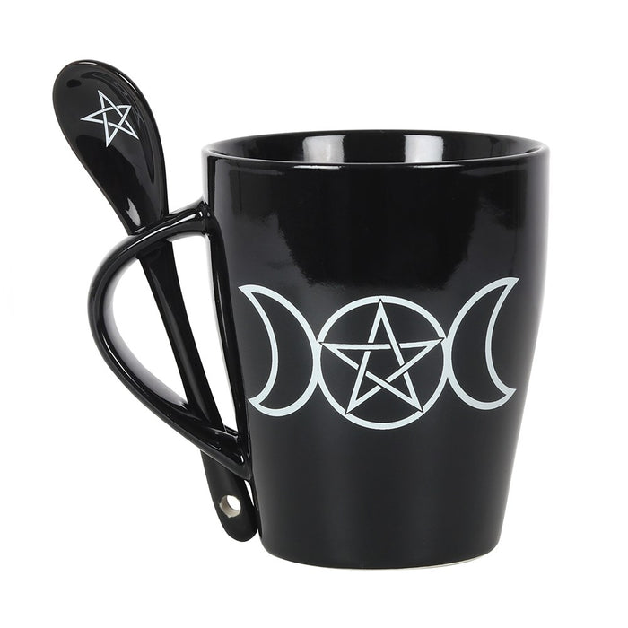 ebros gift Wicca Sacred Triple Moon Pentagram Circle Ceramic Mug And Pentacle Spoon Set