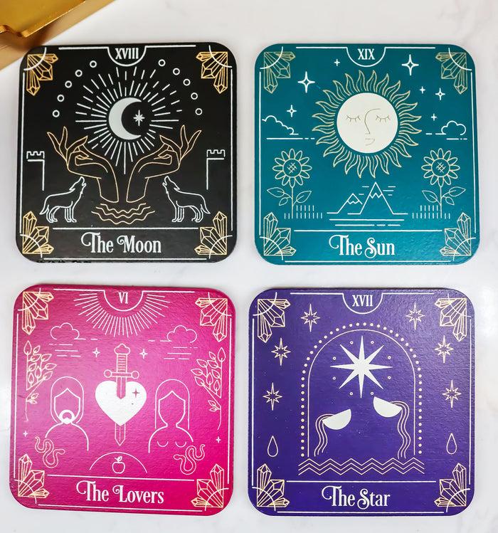 Ebros Gift Wicca Tarot Card MDF Wood Coaster Set Of 4 Tiles With Cork Backing And Holder