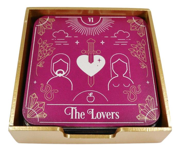 Ebros Gift Wicca Tarot Card MDF Wood Coaster Set Of 4 Tiles With Cork Backing And Holder