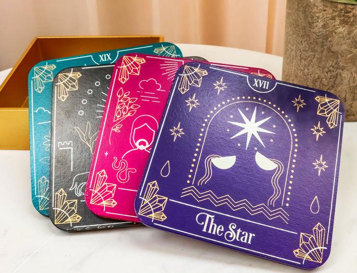 ebros gift Wicca Tarot Card MDF Wood Coaster Set of 4 Tiles With Cork Backing And Holder