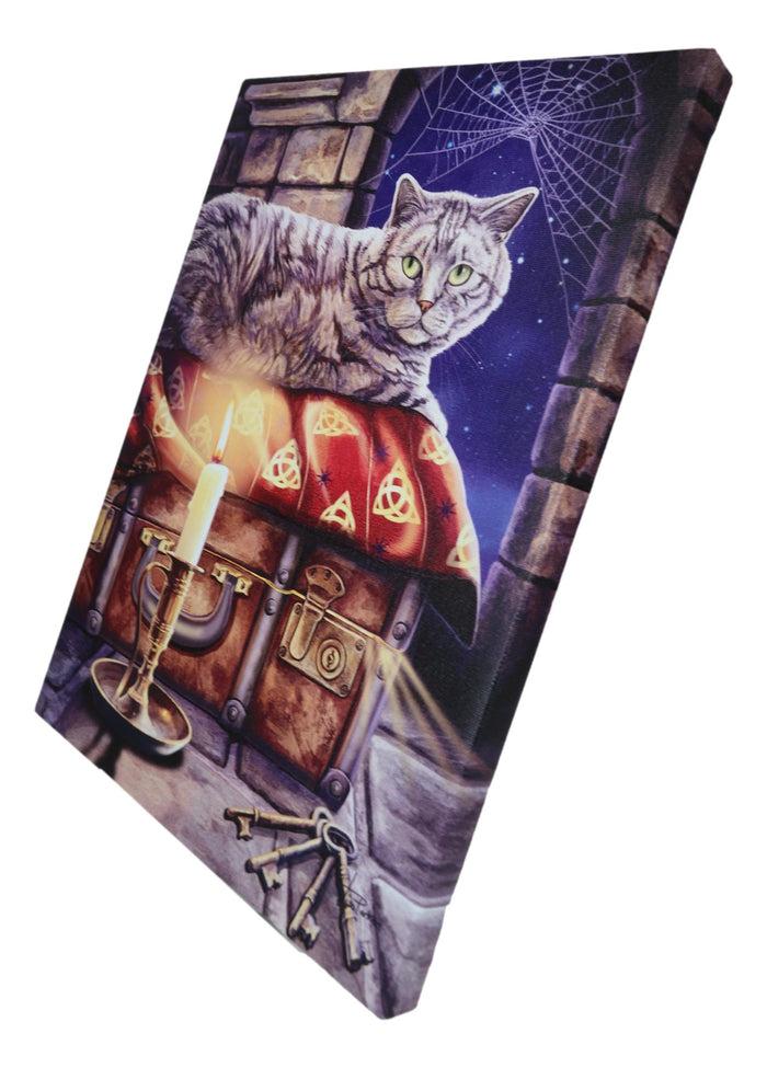 Ebros Gift Wicca The Keeper Of Secrets Cat By Candle And Keys Wood Framed Canvas Wall Decor