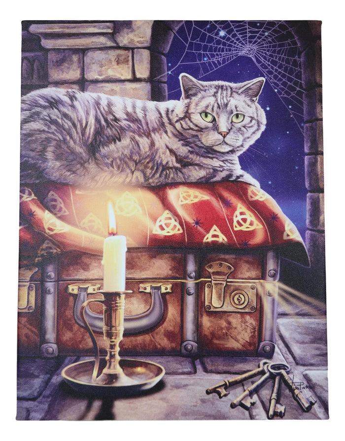Ebros Gift Wicca The Keeper Of Secrets Cat By Candle And Keys Wood Framed Canvas Wall Decor