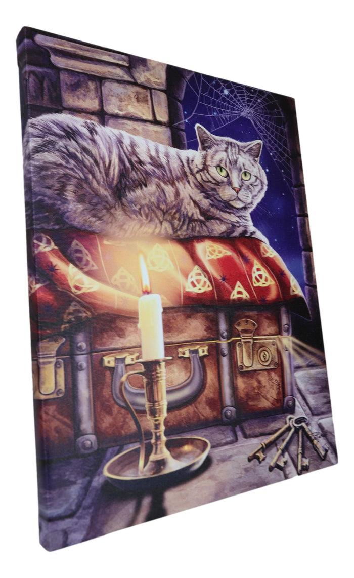 Ebros Gift Wicca The Keeper Of Secrets Cat By Candle And Keys Wood Framed Canvas Wall Decor