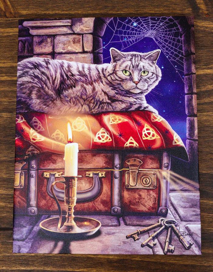 ebros gift Wicca The Keeper of Secrets Cat by Candle And Keys Wood Framed Canvas Wall Decor