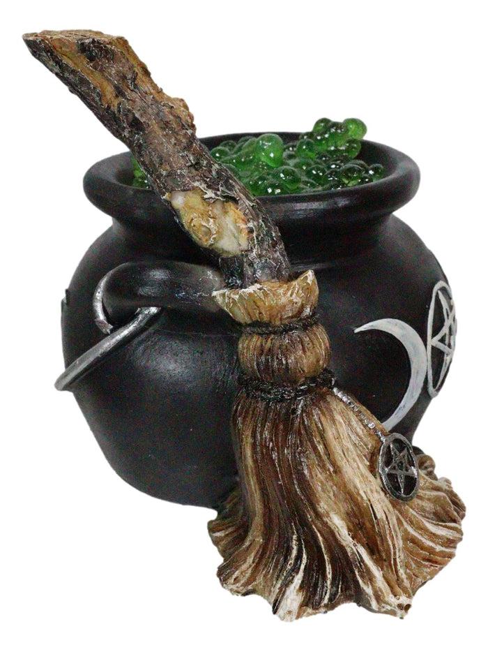 Ebros Gift Wicca Triple Moon Goddess Pentagram LED Light Cauldron And Broomstick Figurine