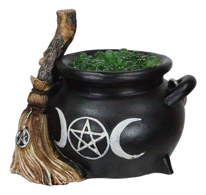Ebros Gift Wicca Triple Moon Goddess Pentagram LED Light Cauldron And Broomstick Figurine