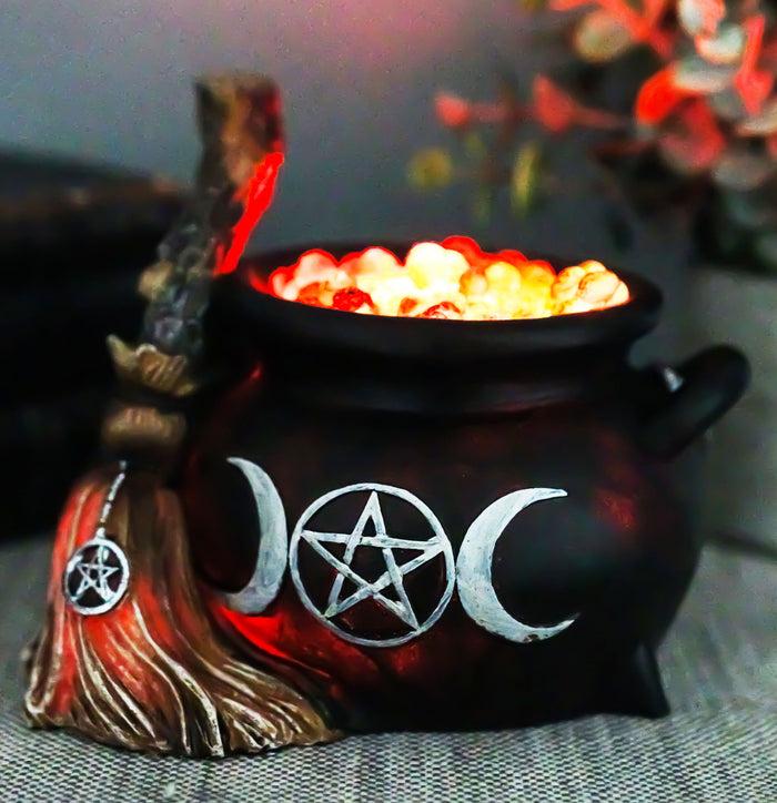 ebros gift Wicca Triple Moon Goddess Pentagram LED Light Cauldron And Broomstick Figurine