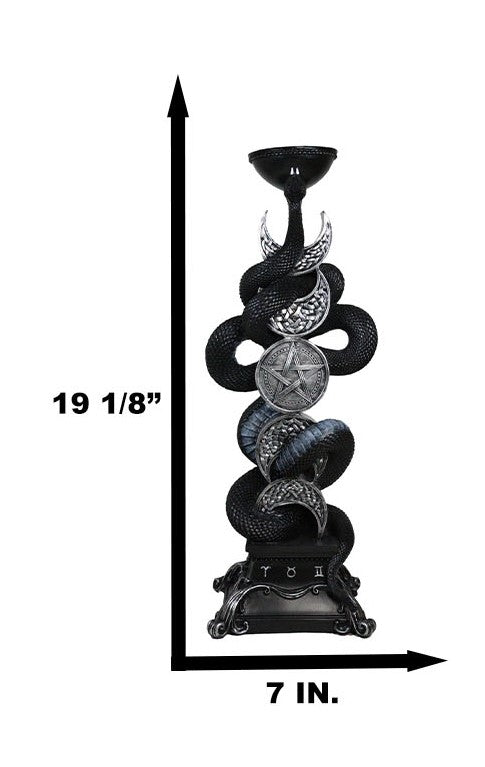 Ebros Gift Wicca Triple Moon Pentagram Insignia Black Viper Snake Taper Candle Holder Decor