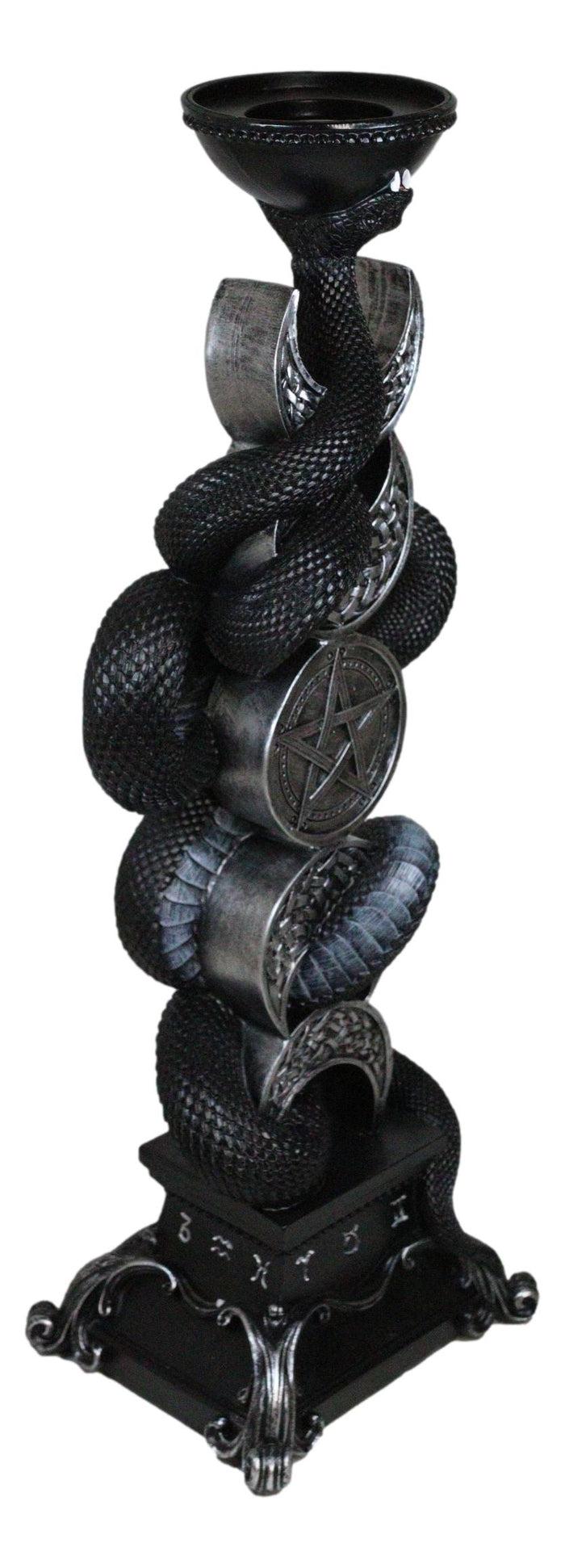 Ebros Gift Wicca Triple Moon Pentagram Insignia Black Viper Snake Taper Candle Holder Decor