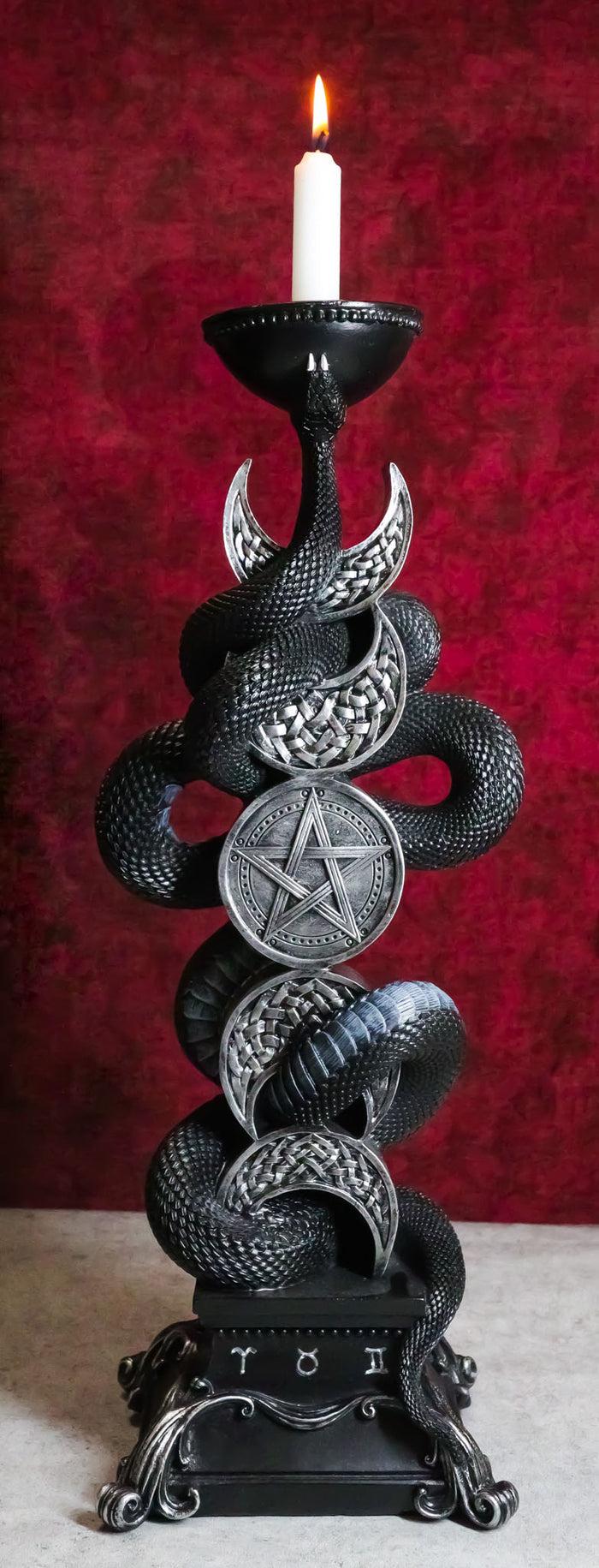 ebros gift Wicca Triple Moon Pentagram Insignia Black Viper Snake Taper Candle Holder Decor