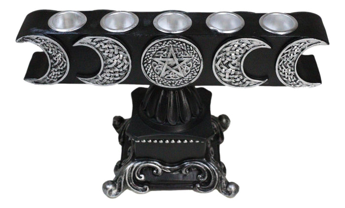 Ebros Gift Wicca Triple Moon Pentagram On Scroll Pedestal Base Penta Taper Candles Holder