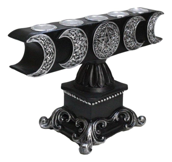 Ebros Gift Wicca Triple Moon Pentagram On Scroll Pedestal Base Penta Taper Candles Holder