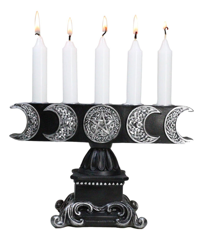 ebros gift Wicca Triple Moon Pentagram On Scroll Pedestal Base Penta Taper Candles Holder