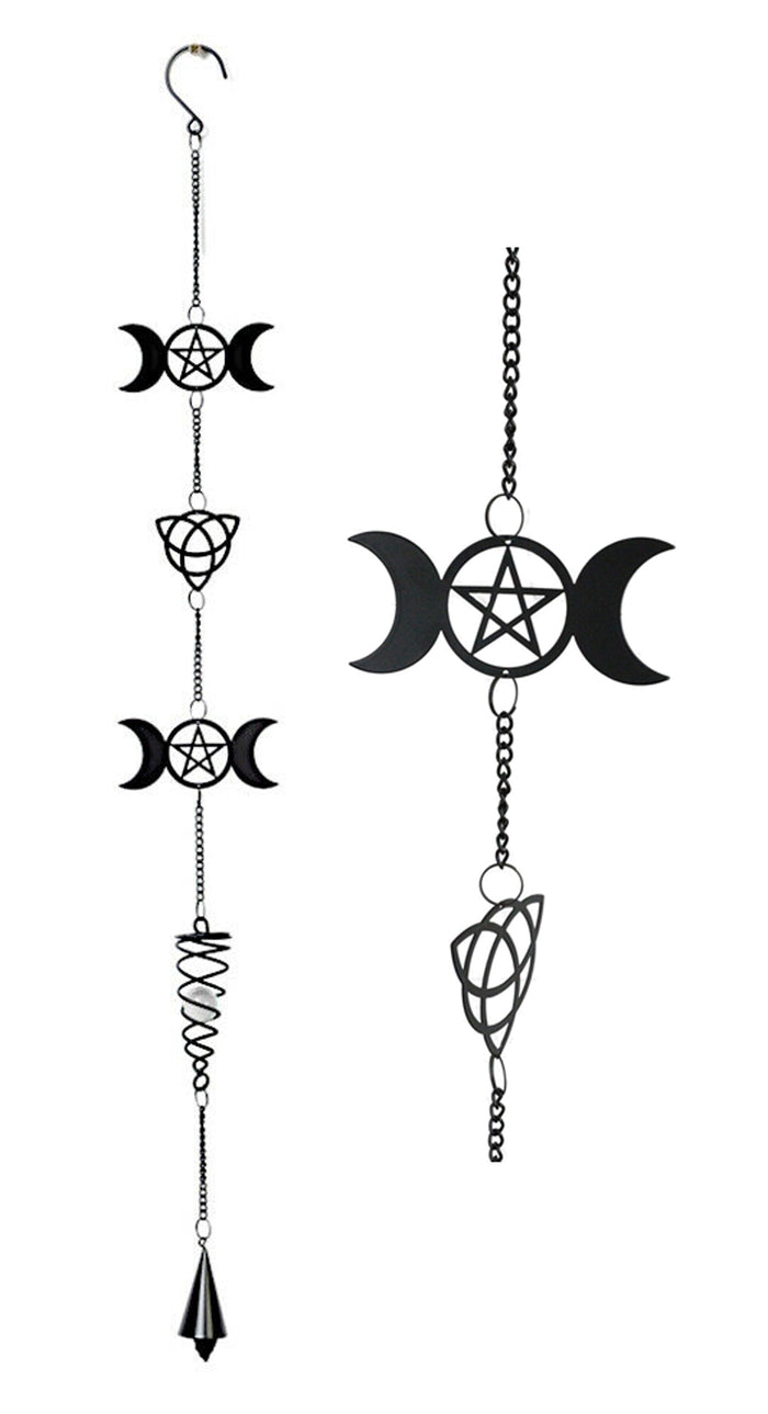 Ebros Gift Wicca Triskele Triple Moon Goddess Black Coated Steel Metal Wind Chime Mobile