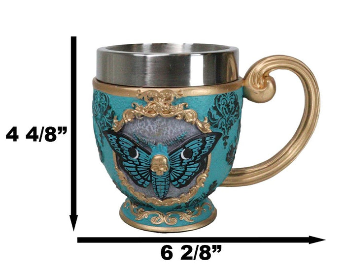Ebros Gift Wicca Turquoise Cameo Golden Lace Scroll Butterfly Moth Skull Tea Cup Mug
