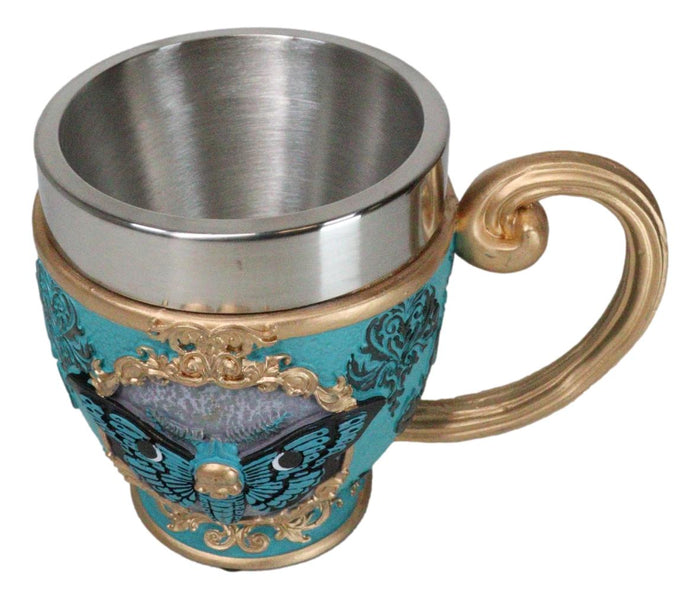 Ebros Gift Wicca Turquoise Cameo Golden Lace Scroll Butterfly Moth Skull Tea Cup Mug