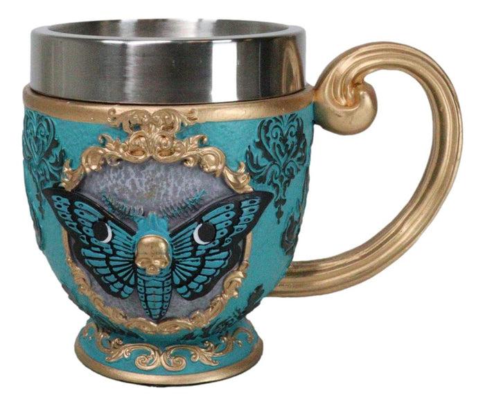 ebros gift Wicca Turquoise Cameo Golden Lace Scroll Butterfly Moth Skull Tea Cup Mug