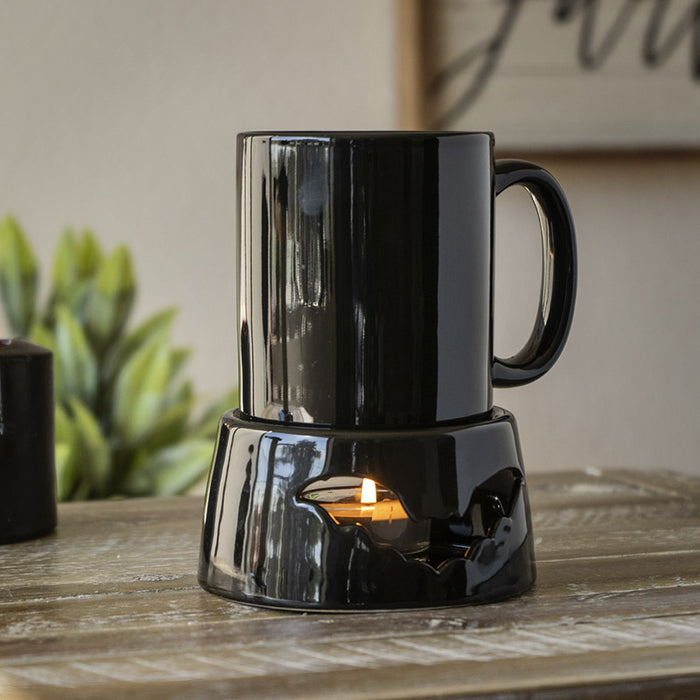 ebros gift Wicca Vampire Bat Black Cup With Candle Holder Mug Warmer Shadow Caster Set