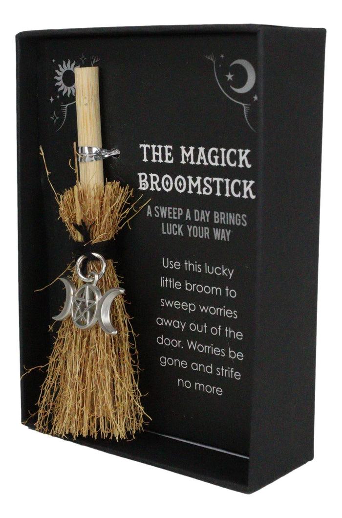 Ebros Gift Wicca Witch Broom Magick Broomstick W/ Pentagram Triple Moon Pendant Lucky Charm