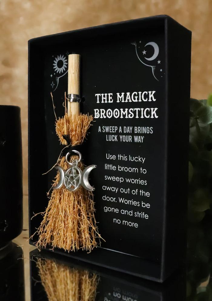 ebros gift Wicca Witch Broom Magick Broomstick W/ Pentagram Triple Moon Pendant Lucky Charm