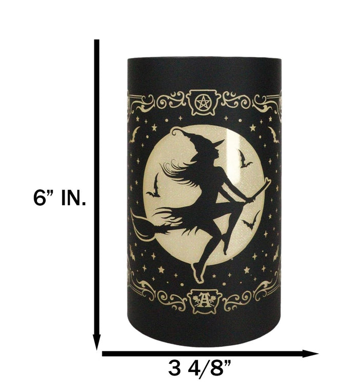 Ebros Gift Wicca Witch By Moonlight On Broomstick With Bats LED Etched Glass Lantern Light