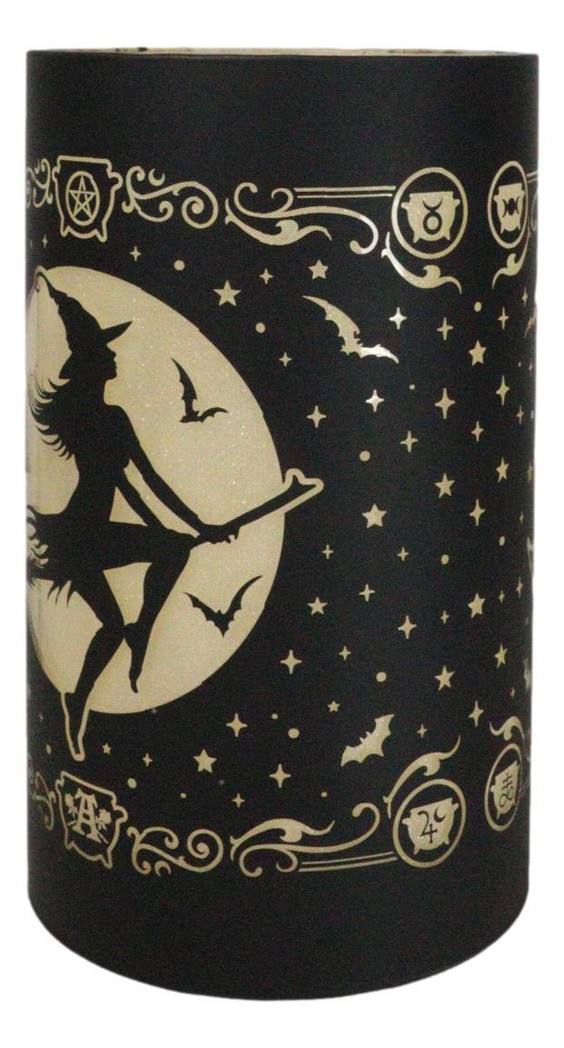 Ebros Gift Wicca Witch By Moonlight On Broomstick With Bats LED Etched Glass Lantern Light