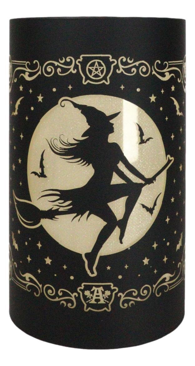 Ebros Gift Wicca Witch By Moonlight On Broomstick With Bats LED Etched Glass Lantern Light