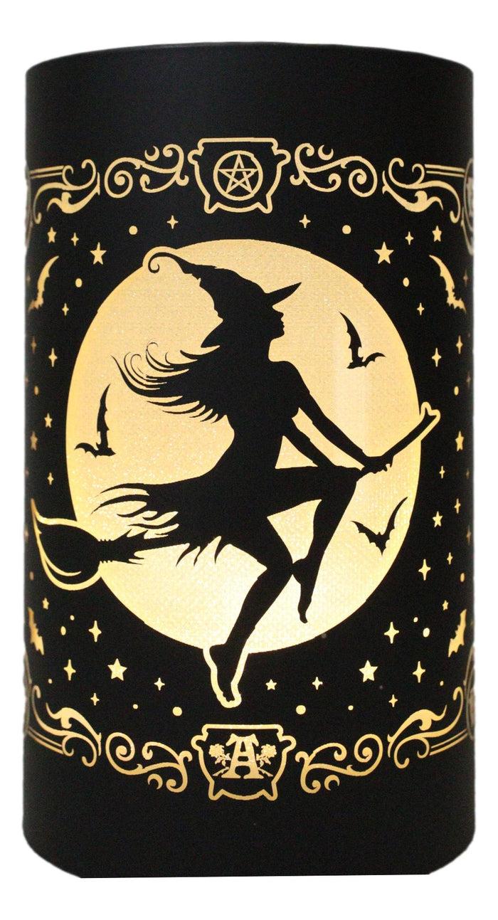 ebros gift Wicca Witch by Moonlight On Broomstick with Bats LED Etched Glass Lantern Light