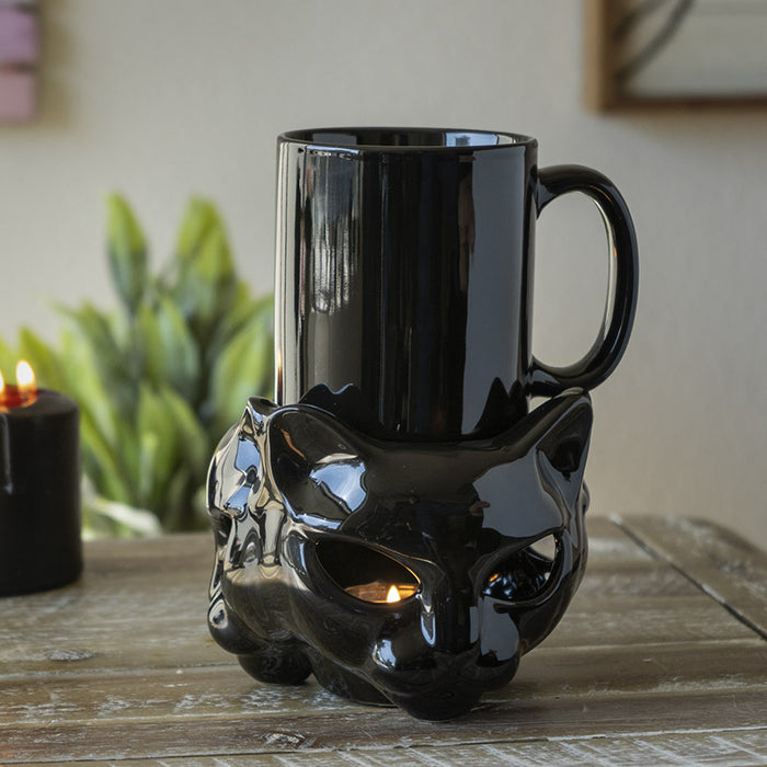 ebros gift Wicca Witch Feline Cat Black Cup With Candle Holder Mug Warmer Shadow Caster Set