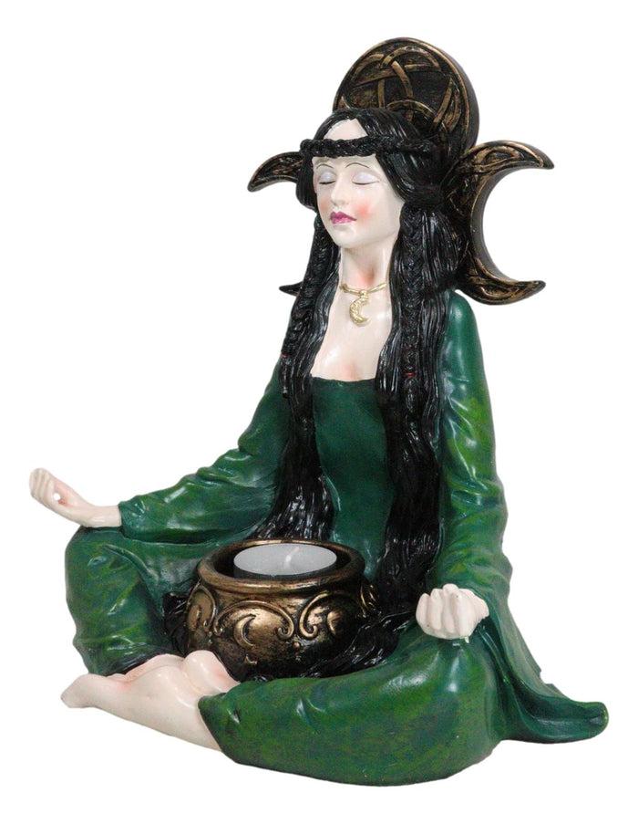 Ebros Gift Wicca Witch Meditating With Triple Moon Sign And Cauldron Votive Candle Holder