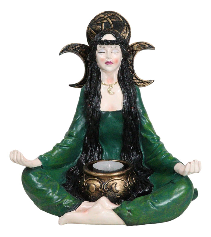 Ebros Gift Wicca Witch Meditating With Triple Moon Sign And Cauldron Votive Candle Holder