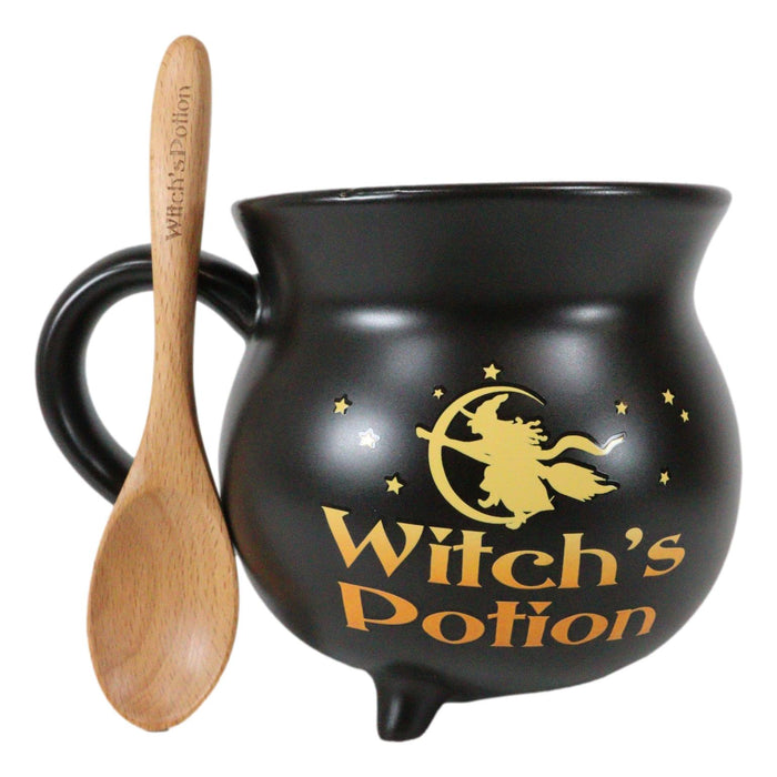 Ebros Gift Wicca Witch Potion Broomstick Flight Ceramic Mug Or Bowl 32oz With Wooden Spoon