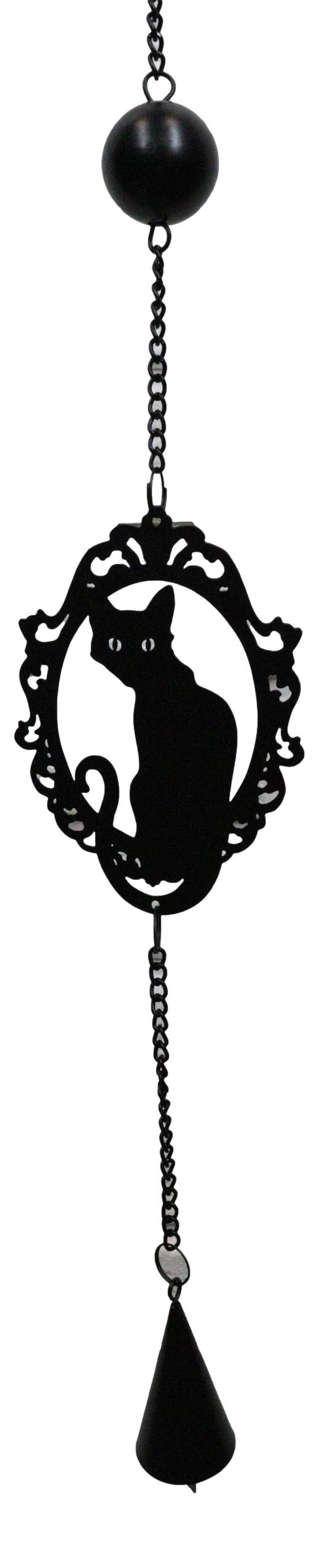 Ebros Gift Wicca Witchcraft Black Cat Silhouette Black Coated Steel Metal Wind Chime Mobile