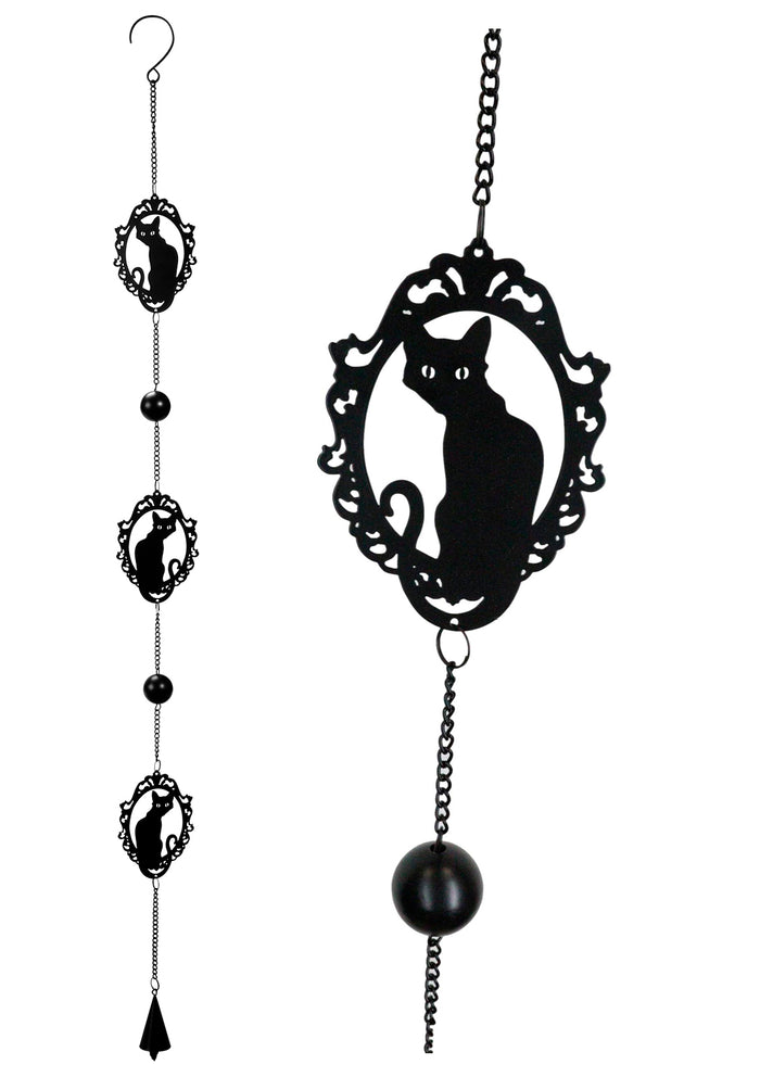 ebros gift Wicca Witchcraft Black Cat Silhouette Black Coated Steel Metal Wind Chime Mobile