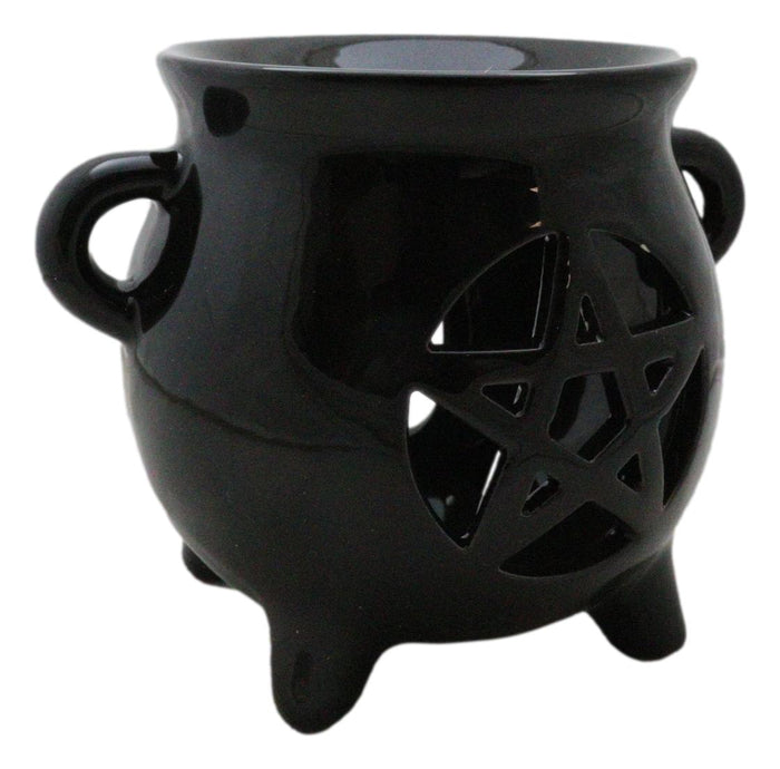 Ebros Gift Wicca Witchcraft Pentagram Black Cauldron Essential Oil Warmer Candle Holder