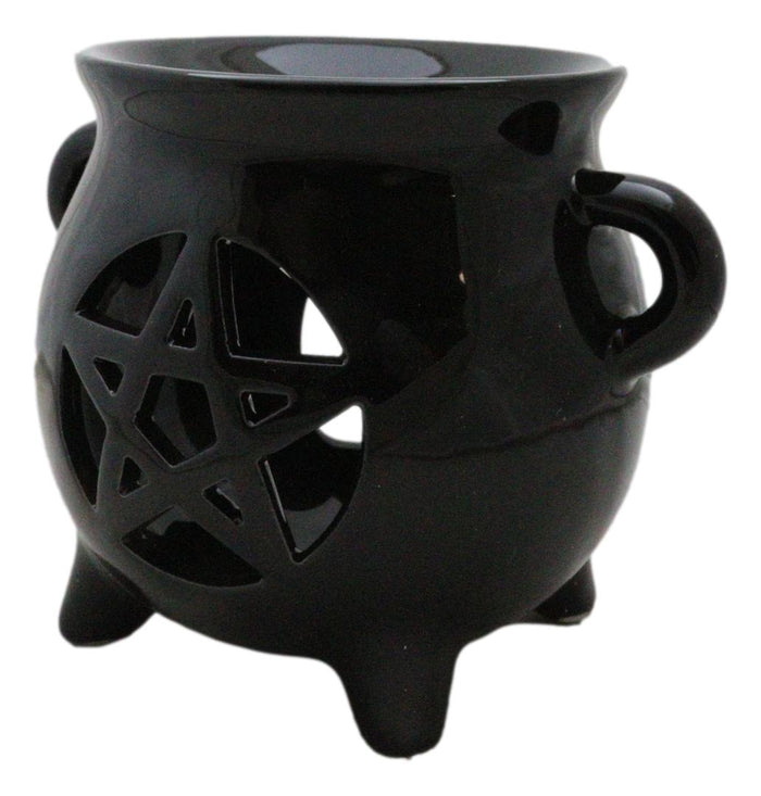Ebros Gift Wicca Witchcraft Pentagram Black Cauldron Essential Oil Warmer Candle Holder