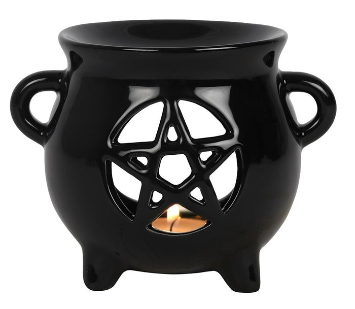 ebros gift Wicca Witchcraft Pentagram Black Cauldron Essential Oil Warmer Candle Holder