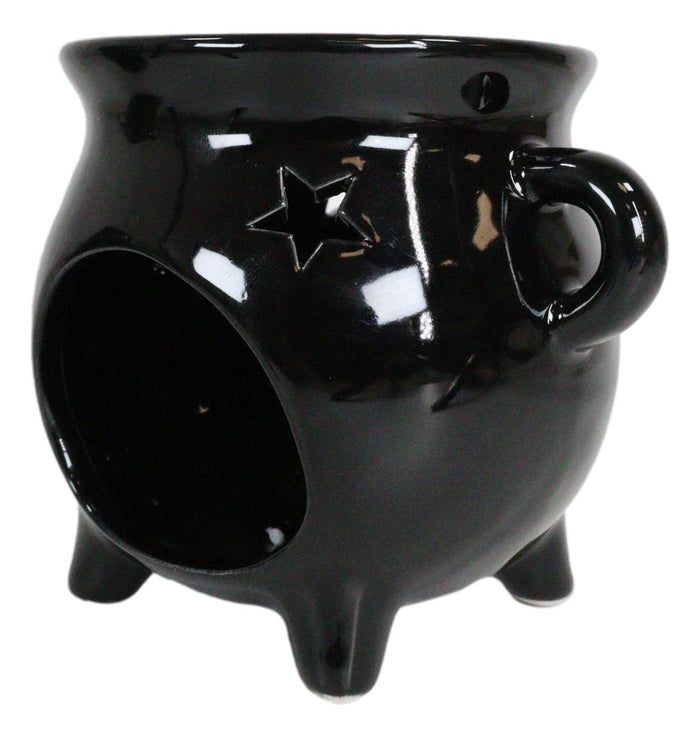 Ebros Gift Wicca Witchcraft Pentagrams Black Cauldron Essential Oil Warmer Candle Holder