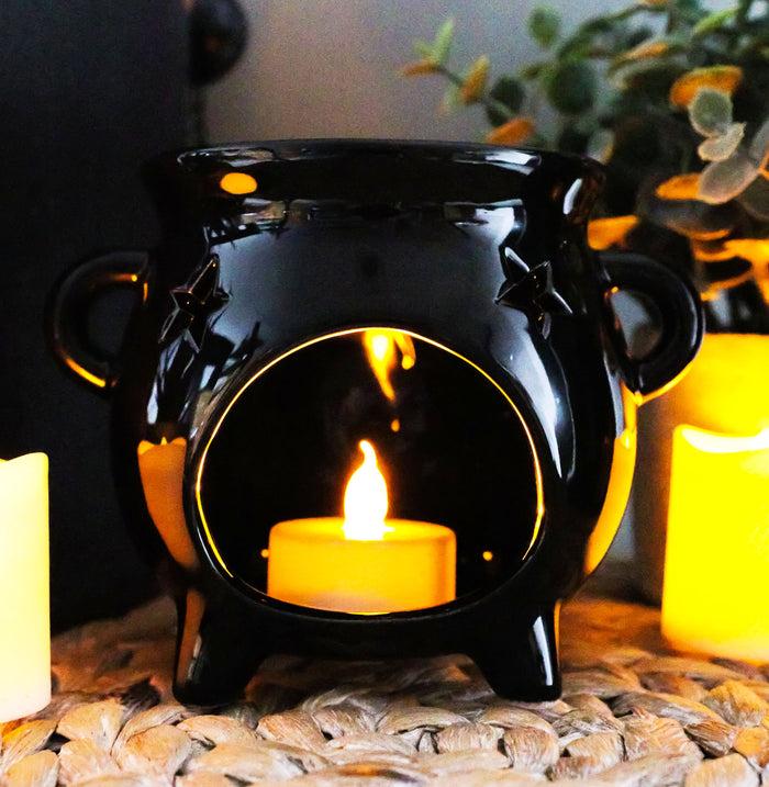 ebros gift Wicca Witchcraft Pentagrams Black Cauldron Essential Oil Warmer Candle Holder