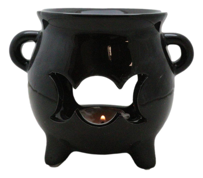 Ebros Gift Wicca Witchcraft Triple Moon Black Cauldron Essential Oil Warmer Candle Holder