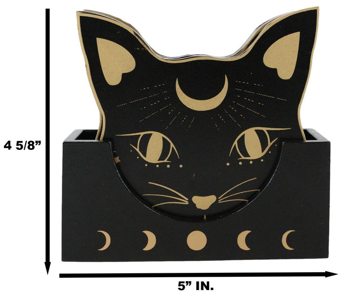 Ebros Gift Wiccan Mystic Mog Black Cat Face With Crescent Moon Triple Goddess Coaster Set
