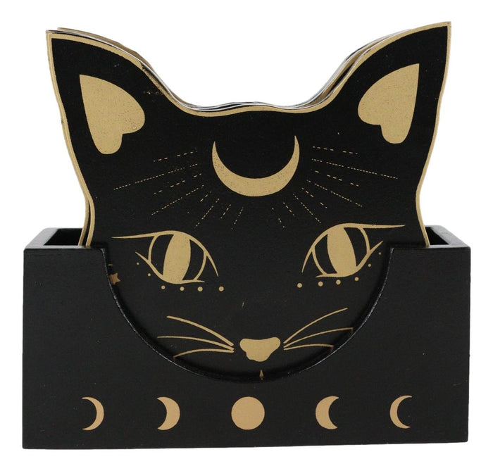 Ebros Gift Wiccan Mystic Mog Black Cat Face With Crescent Moon Triple Goddess Coaster Set