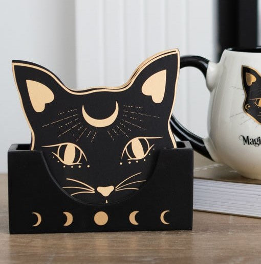 ebros gift Wiccan Mystic Mog Black Cat Face With Crescent Moon Triple Goddess Coaster Set