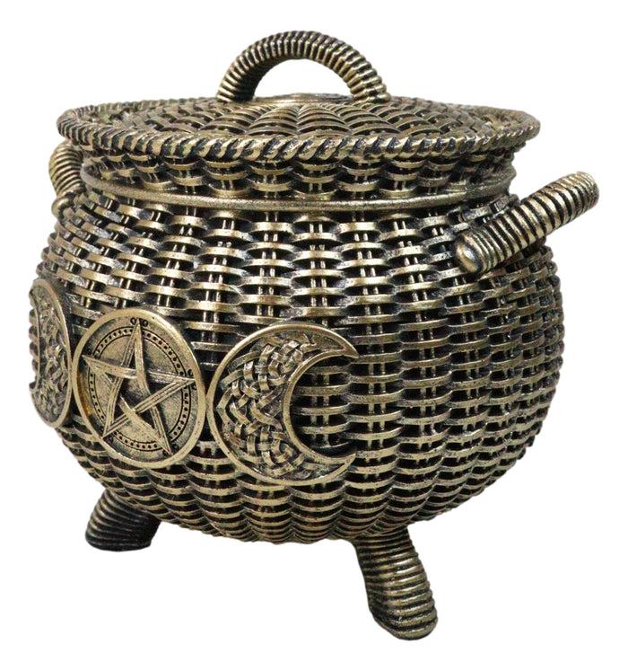 Ebros Gift Wiccan Triple Moon Cauldron Pot In Wicker Finish Decorative Trinket Crystals Box