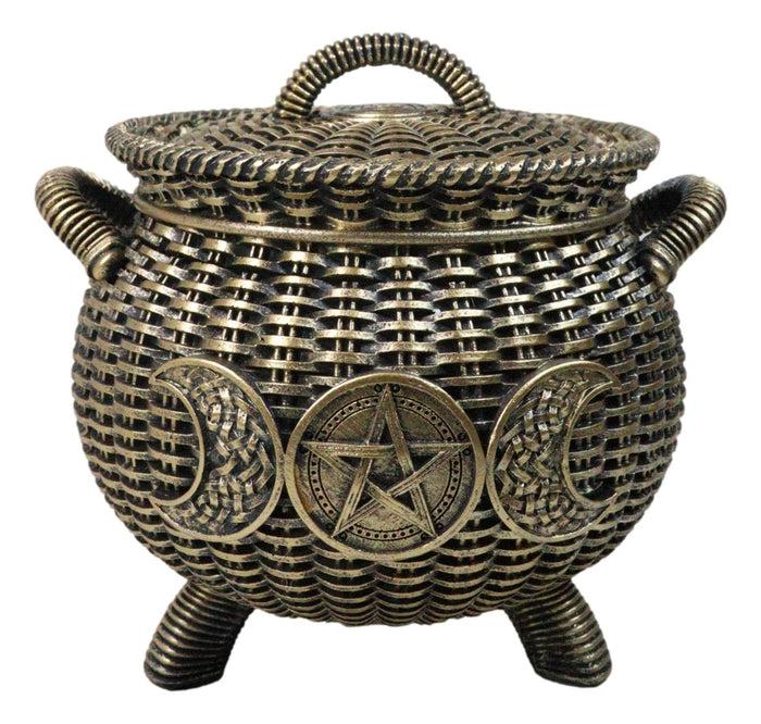 ebros gift Wiccan Triple Moon Cauldron Pot In Wicker Finish Decorative Trinket Crystals Box