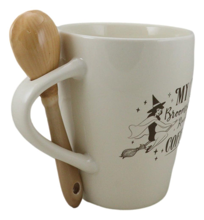 Ebros Gift Wiccan Witch Sacred Moon My Broomstick Runs On Coffee Ceramic Mug And Spoon Set